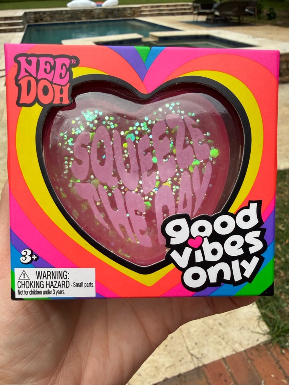 NeeDoh Good Vibes Only Heart Squeeze - Pink with Green Glitter “Squeeze The Day”